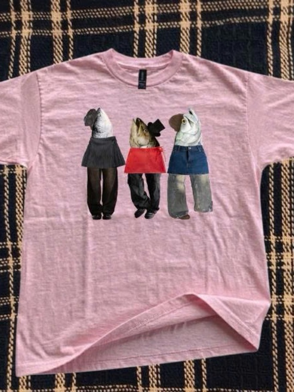 Gildan Pink Fish Person Funny Short Sleeve Tee with Quirky Fish Heads Graphic